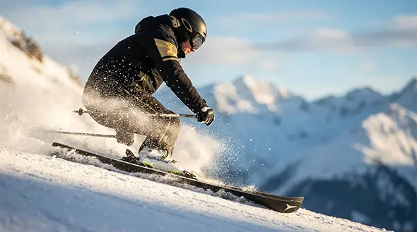 Лыжник выполняет скоростной поворот на идеальном «вельвете» в Мерибеле во время весеннего катания