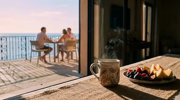 Завтрак с фруктами и кофе на террасе с видом на море и отдыхающими людьми.