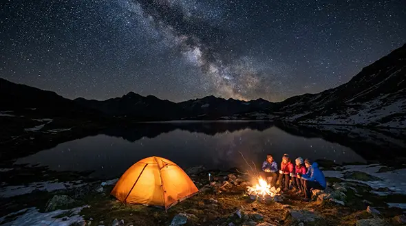 Camping by a fire under the stars.