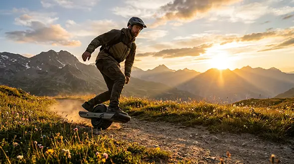 Riding a onewheel at sunset.