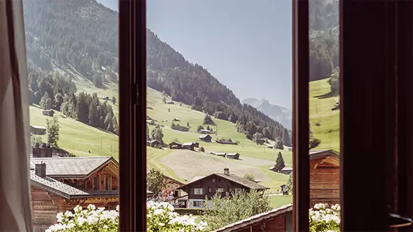 Вид из окна отеля Ultima Gstaad на зеленую альпийскую долину.