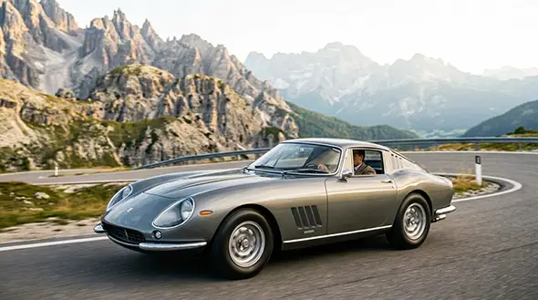 Классическая Ferrari 275 GTB на горном перевале в Доломитах.