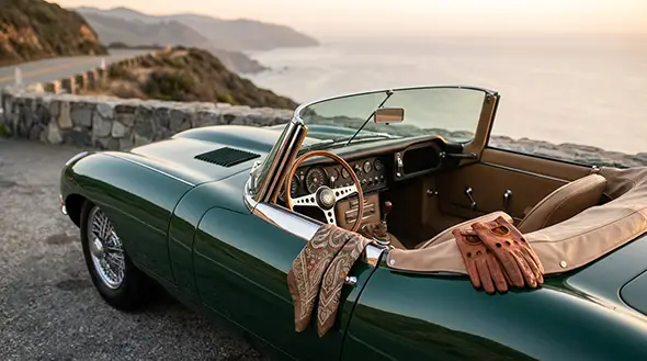 Зеленый Jaguar E-Type и кожаные перчатки для вождения на трассе.