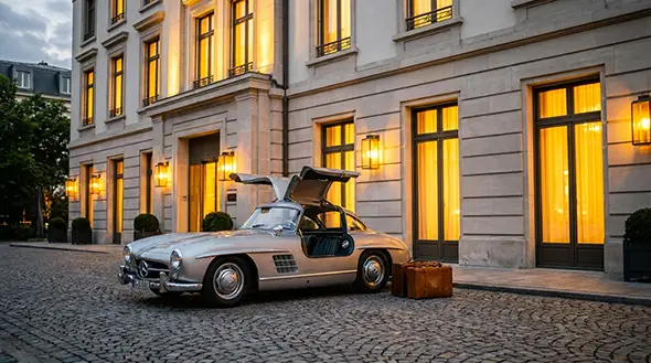 Серебристый Mercedes 300 SL Gullwing у роскошного отеля.