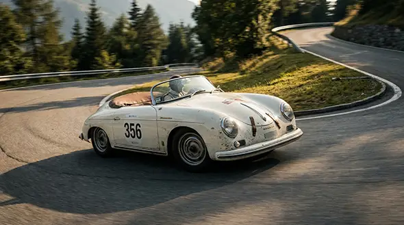 Гонка Porsche 356 на горном серпантине в Доломитовых Альпах.