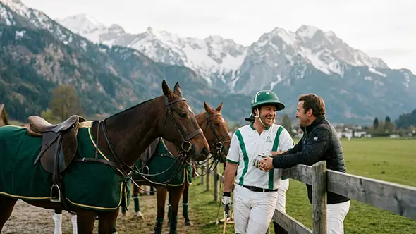 Игроки в поло с лошадьми на фоне Альп во время Hublot Polo Gold Cup в Гштааде.
