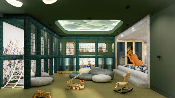 Kids room with a painted cloud ceiling, floor cushions and wooden toys at Barma, Courchevel La Tania