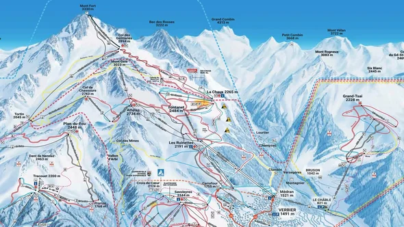 Схема трасс сектора Вербье в 4 Vallées: от Мон-Фора до Вербье и Ле-Шабля