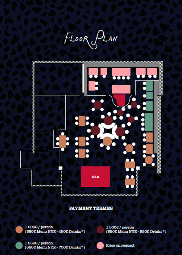 План залов и стоимость новогоднего меню в Django Куршевель 1850. / Floor plan and New Year&rsquo;s Eve menu prices at Django Courchevel 1850.