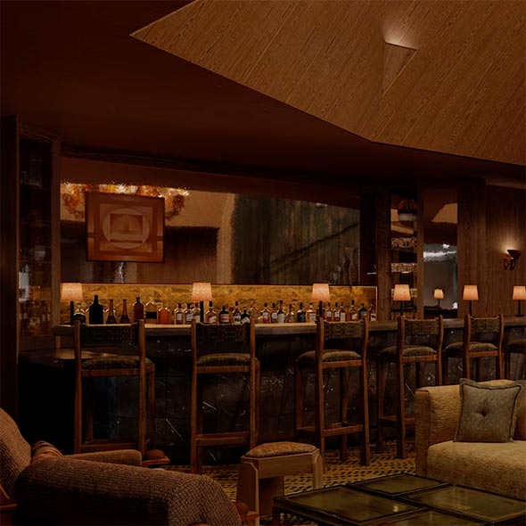 Элегантная барная стойка L&rsquo;Apog&eacute;e Club в приглушенном свете: стойка из темного мрамора или камня, высокие стулья с темной обивкой, полки с напитками и маленькие настольные лампы, создающие уютную и интимную атмосферу.