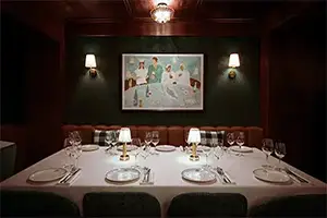 Cozy interior of the Le Bal a Guitou restaurant in Courchevel