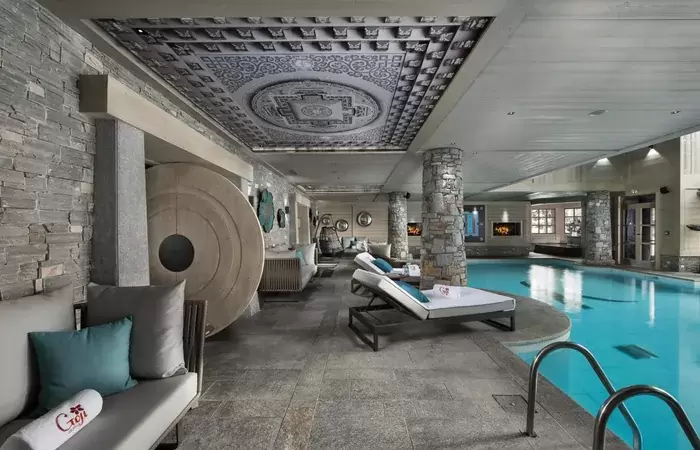 Loungers by the pool at the Goji Spa, Le K2 Altitude, Courchevel 1850