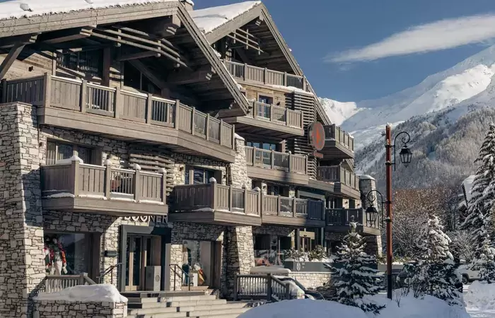 The hotel seen from the street at Le K2 Chogori, Val d'Isere