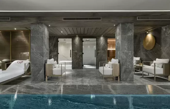 The indoor swimming pool at the Goji Spa, Le K2 Chogori, Val d'Isere