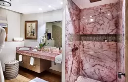 Pink stone shower and vanity in the Deluxe Room 1 bathroom, Lys Martagon, Courchevel 1850
