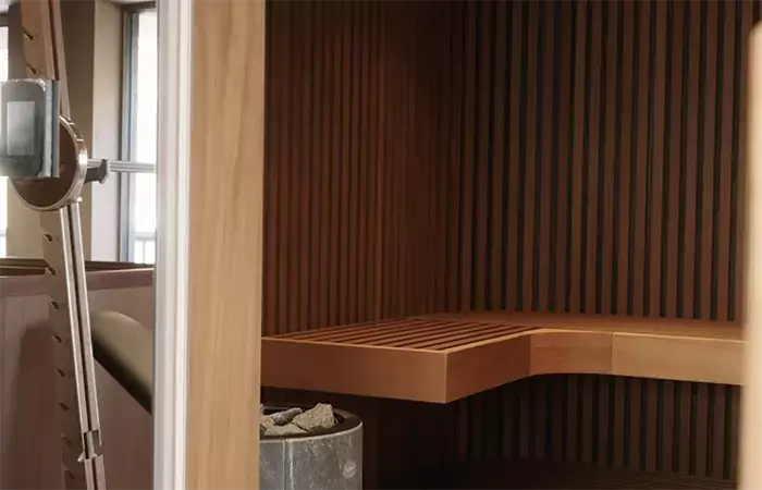 Wooden sauna with a heater in chalet Cristal in Val d-Isere.