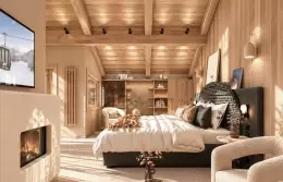 Master Suite bedroom with a fireplace and a wide window onto the peaks at Barma, La Tania