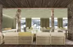 Indoor pool with a carved wooden bear and loungers facing the snowy slopes at Barma Hotel & Spa, La Tania