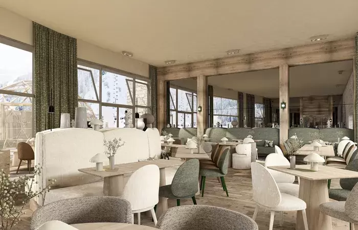 Dining room with upholstered chairs beside large windows at La Table de Barma, La Tania