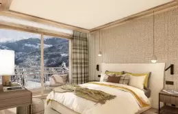 Bedroom with tartan curtains and a window onto the peaks in an Exception Cabin Apartment, Barma Residence