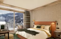Bedroom with a terracotta headboard facing the mountains in an Exception Double Cabin Apartment, Barma Residence