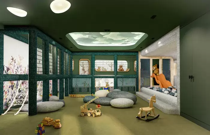 Kids room with a painted cloud ceiling, floor cushions and wooden toys at Barma, La Tania