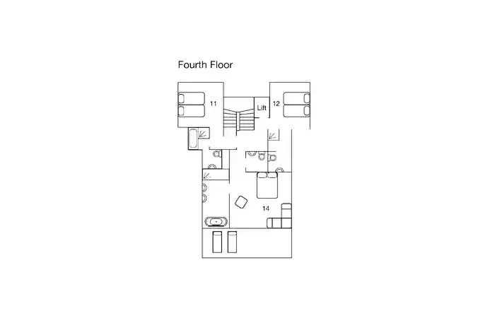 Floor plan of the three bedrooms on the fourth floor at No. 14 Verbier