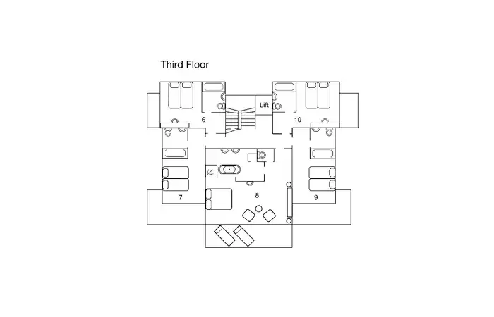 Floor plan of the five bedrooms on the third floor at No. 14 Verbier